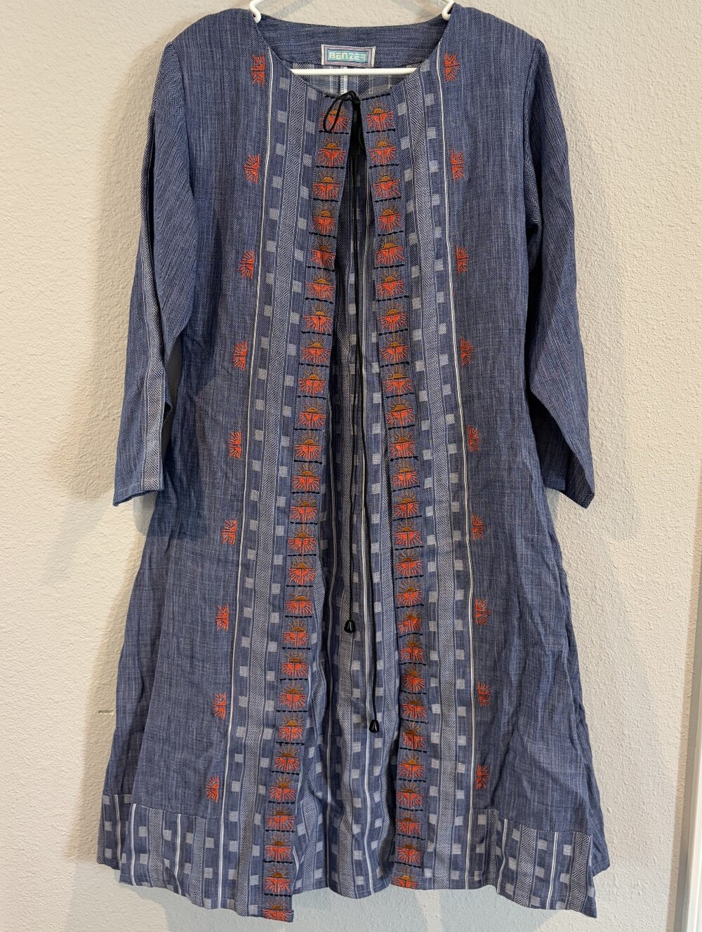 Benzer Womens Vintage Cotton Denim Double Layer Embroidered Western Boho Dress